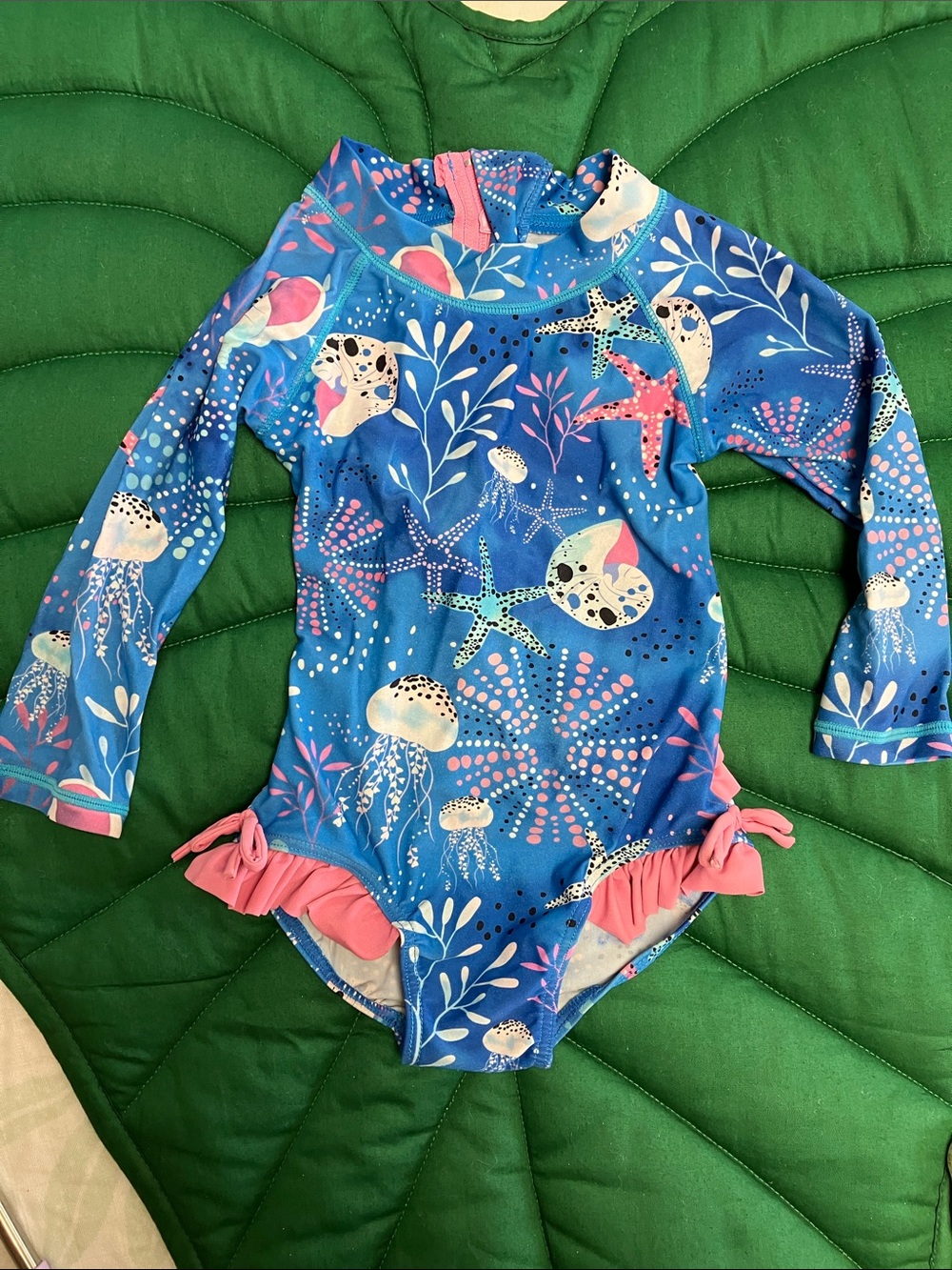 Ruffle butts, girls long sleeve shell one piece back zipper swimsuit. Blue/Pink.
